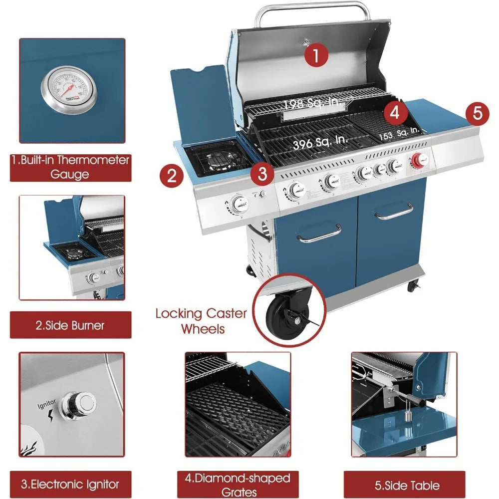 5-Burner BBQ Cabinet Style Propane Gas Grill with Rotisserie Kit, Sear Burner, Rear Burner and Side Burner