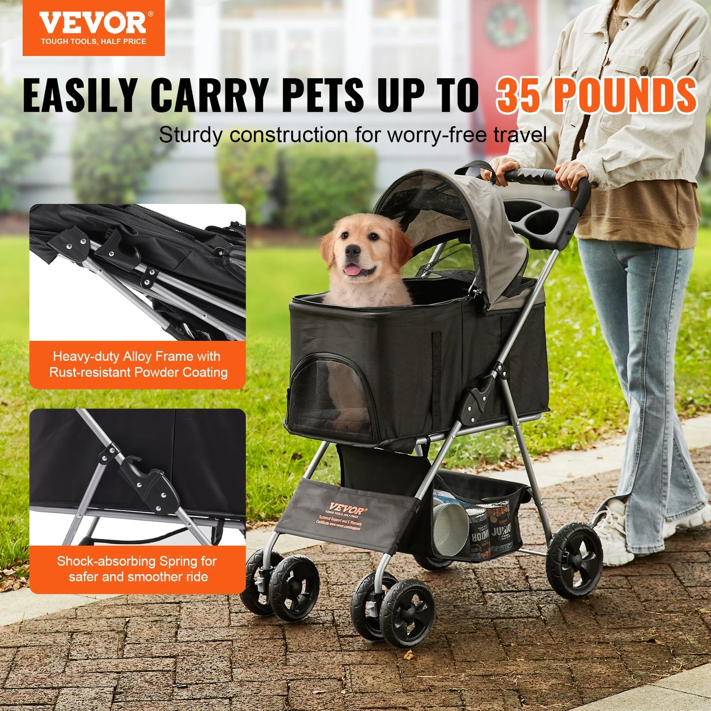 35lbs 4 Wheels Pet Dog Stroller with Brakes Storage Basket Cup Holder